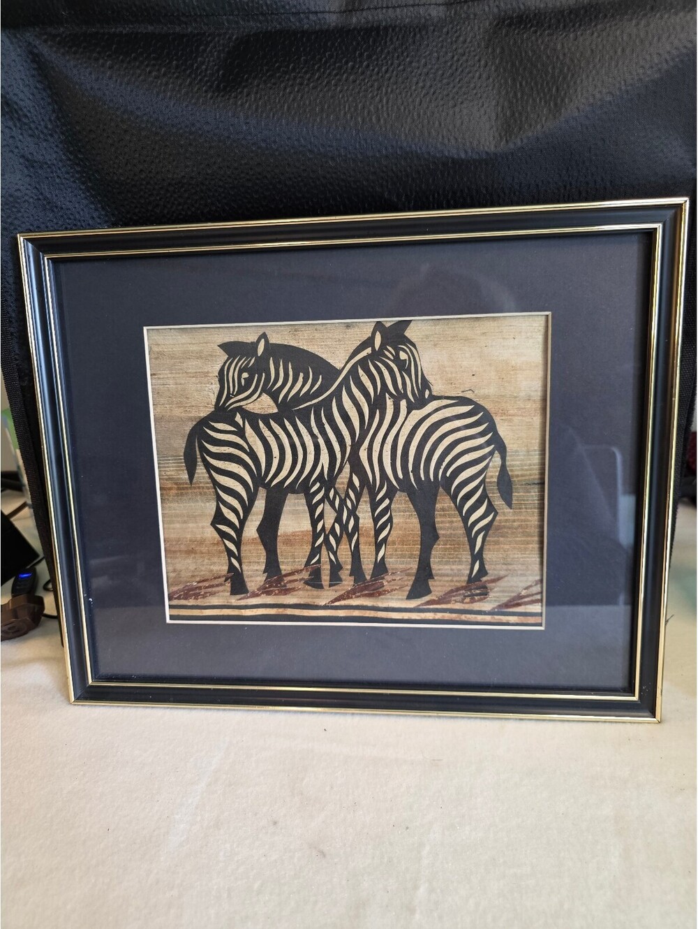Framed African Zebra Family Textile Art Three Zebras Black Gold Wall Decor